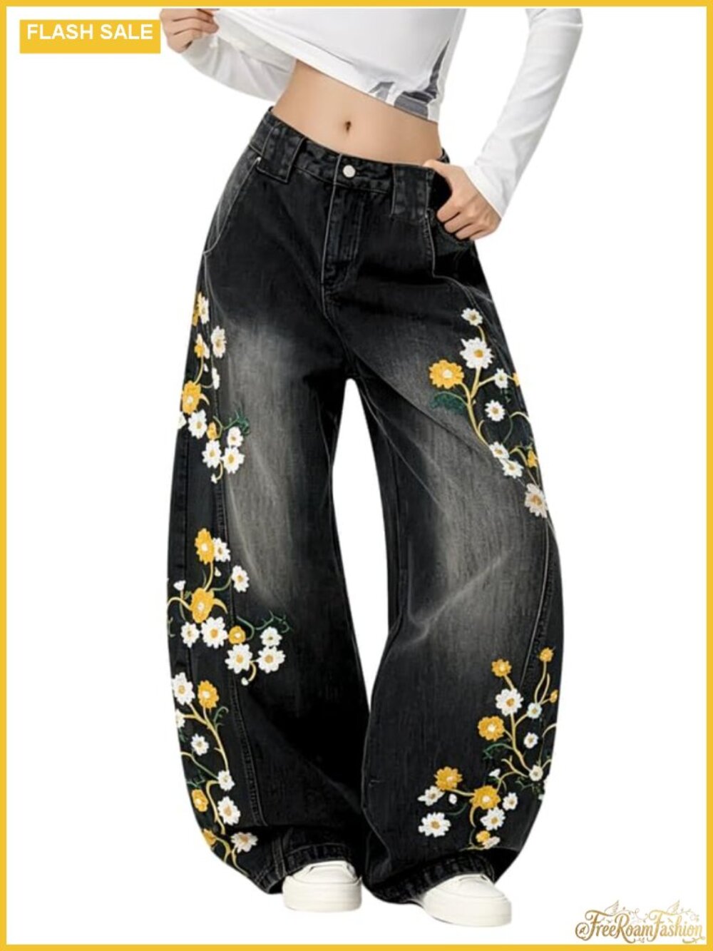 Baggy Wide Leg Floral Embroidered Barrel Jeans Women Mid Rise Button Denim Pants